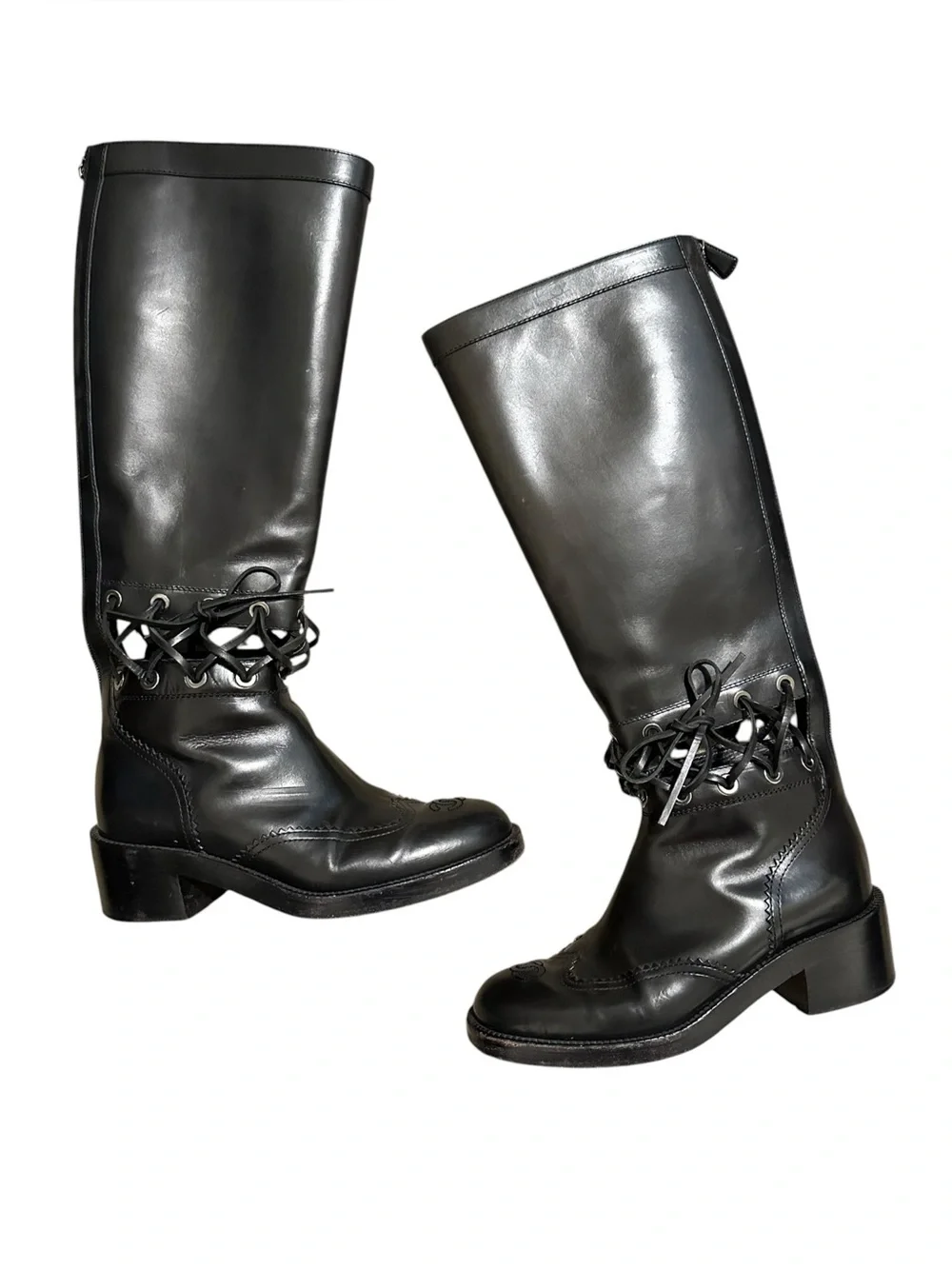 CHANEL KARL LAGERFELD Fall 2016 Runway Black Corset CC Riding Boots 38.5
